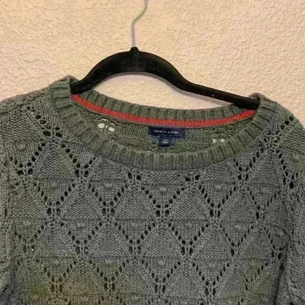Tommy Hilfiger gray chunky sweater sz L open knit crew neck career comfy casual - Picture 3 of 8